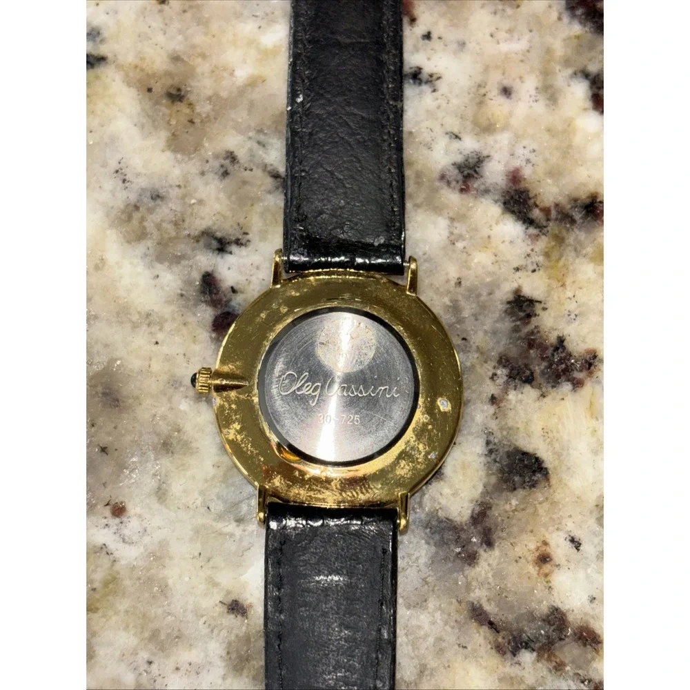 Vtg Oleg Cassini Watch Men's 32mm Gold Tone Black Dial‎ Leather Quartz NWOB 3688